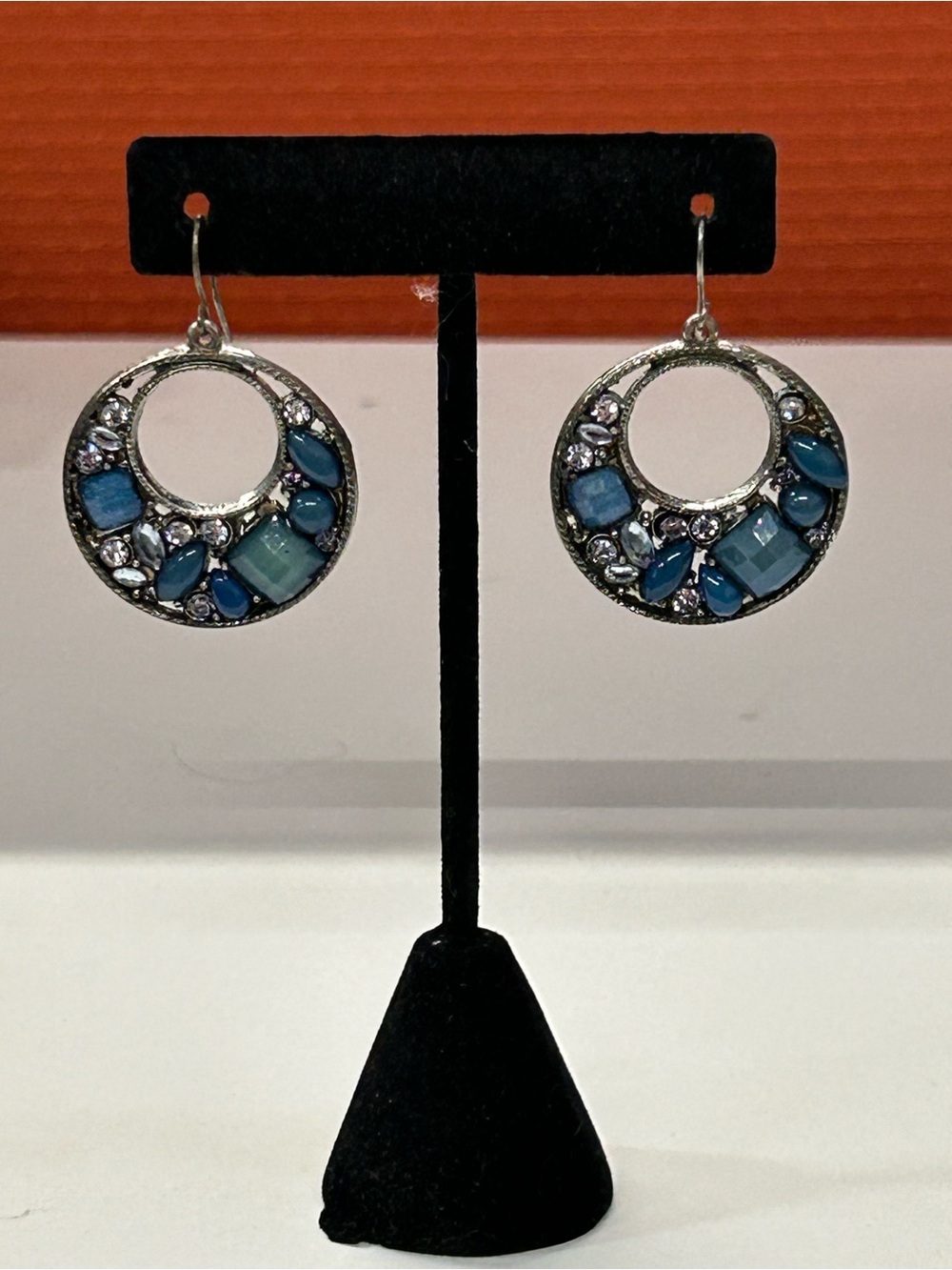 Blue Stone and rhinestone Circle Drop Earrings